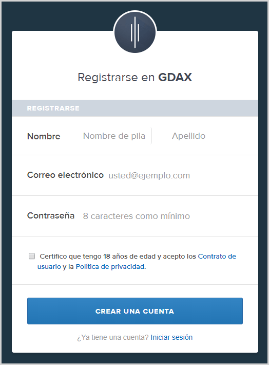 proceso de registro en la plataforma gdax.com