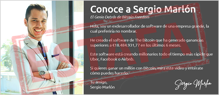 Sergio Marlón no existe, no es una persona real, los estafadores de Bitcoin Freedom nos quieren engañar
